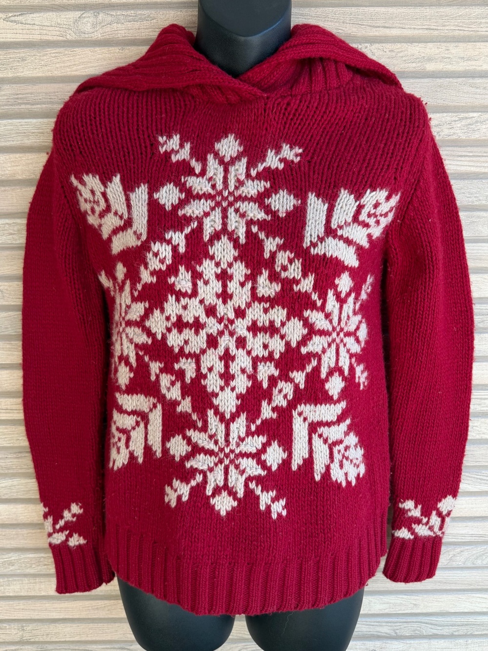 Eddie Bauer Merino Wool Snowflake Shawl Collar Red Fair Isle Silk Blend Sweater